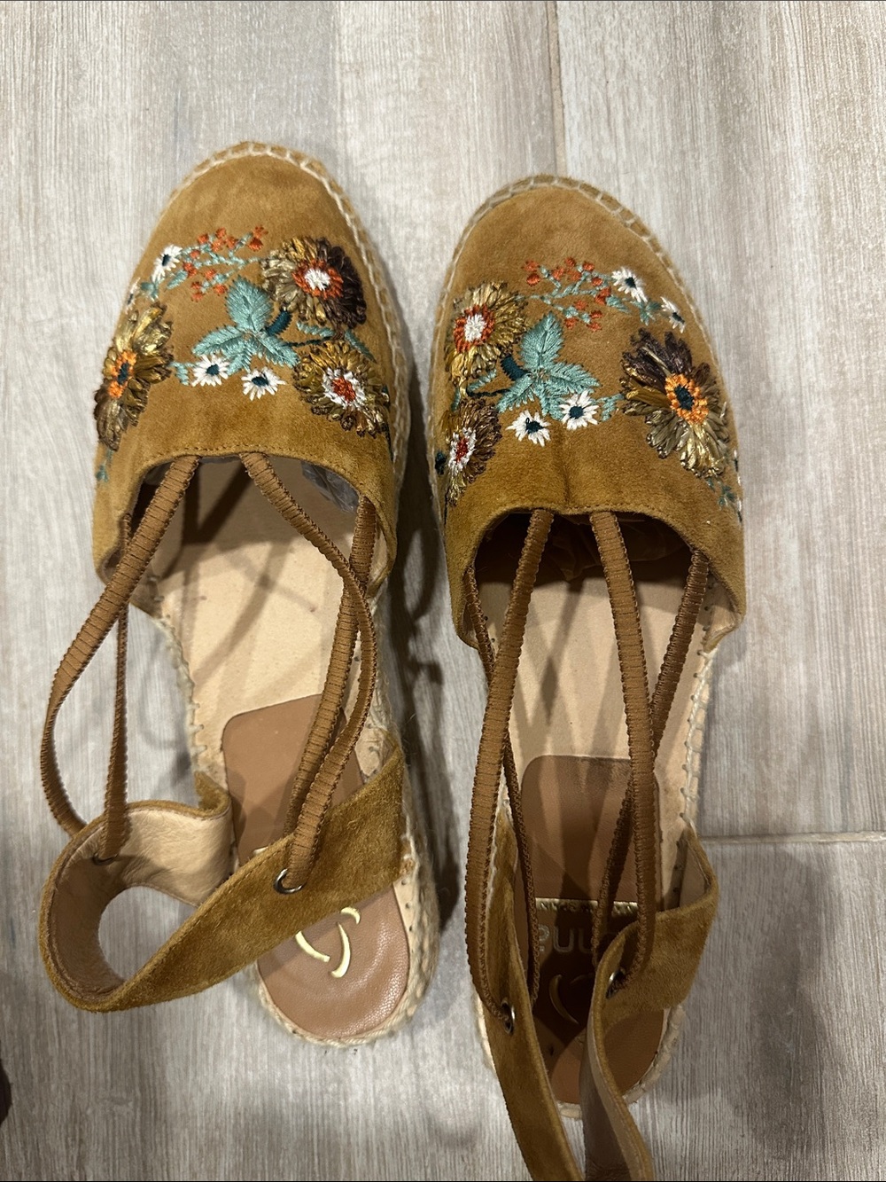 Suede Embroidered Floral Espadrille Sandals - Mustard